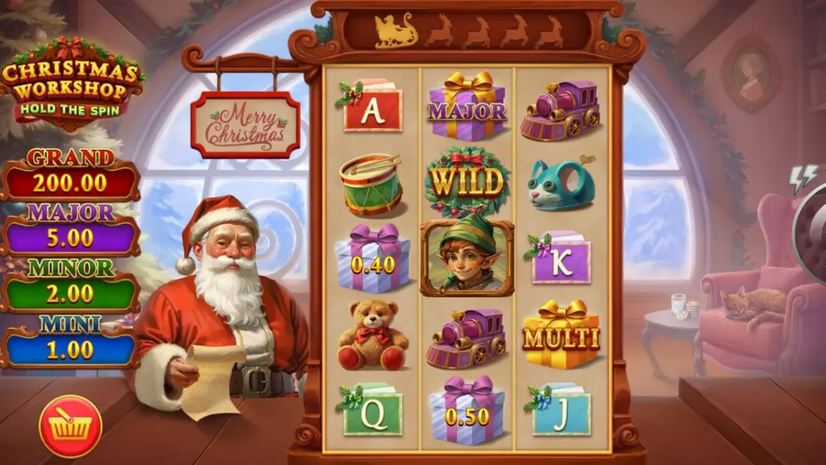 Tampilan visual slot Christmas Workshop: Hold The Spin dengan tema Natal yang meriah