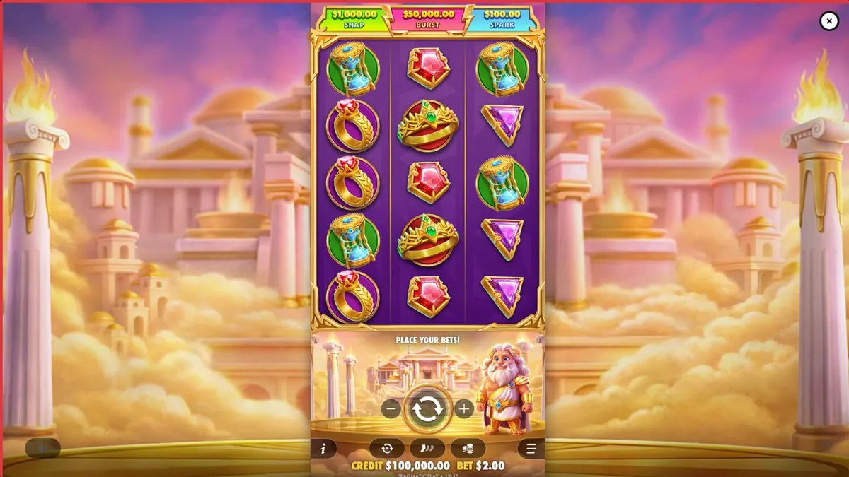 Tampilan antarmuka game slot Gates of Olympus POP dengan tema mitologi Yunani yang cerah.